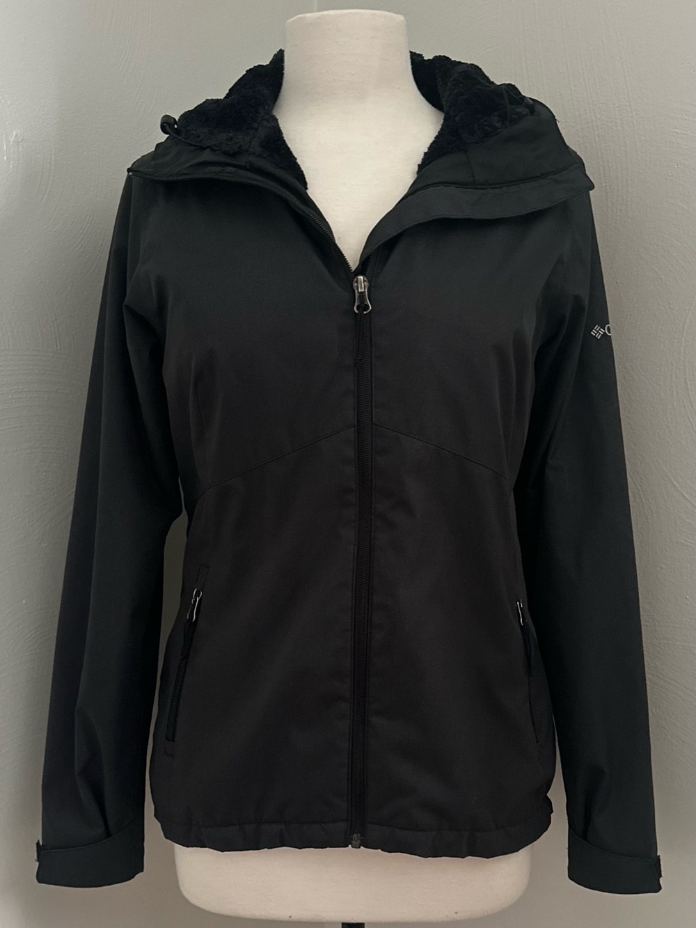Columbia Black Hooded Jacket with Blue Trim